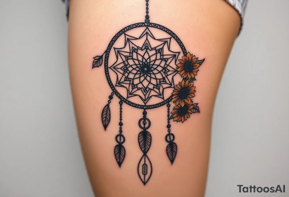 Dreamcatcher with zodiac symbols and protection runes caught in it with tigerlillies roses and sunflowers tattoo idea