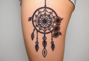 Dreamcatcher with zodiac symbols and protection runes caught in it with tigerlillies roses and sunflowers tattoo idea