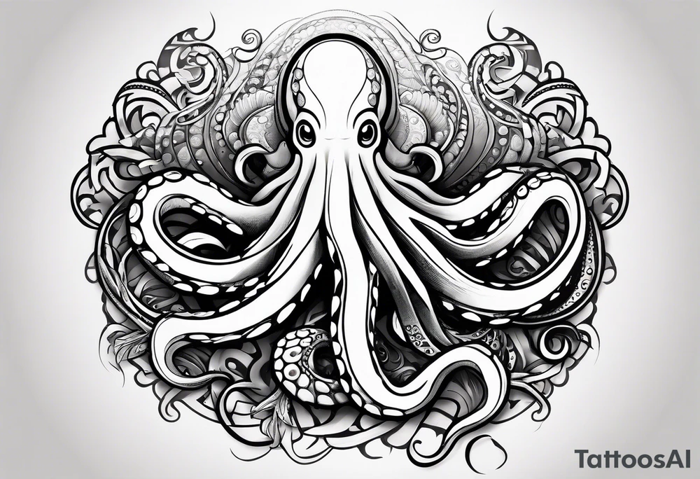 Tribal half sleeve. octopus surrounded by ribbons of water waves filled with fish. the octopus has no eyes. Use thick lines only with less detail. tattoo idea