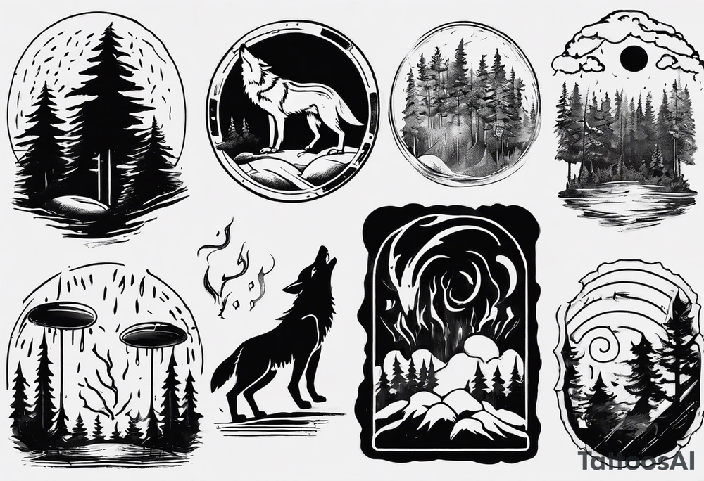 thunderstorm over a forest with a wolf howling on drums tattoo idea thunderstorm over a forest with a wolf howling on drums tattoo idea