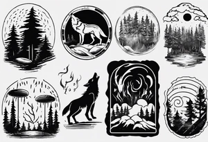 thunderstorm over a forest with a wolf howling on drums tattoo idea