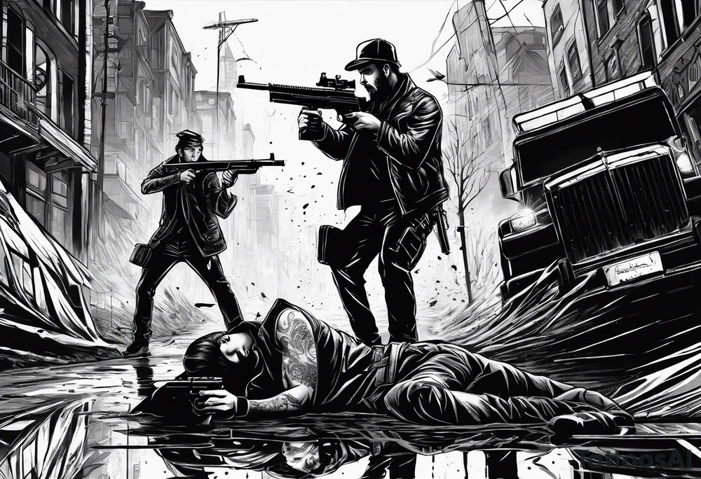 In the reflection of a eye crying blood two black siloets of people holding guns one man dead on the ground with a wounded woman standing behind him tattoo idea