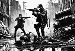 In the reflection of a eye crying blood two black siloets of people holding guns one man dead on the ground with a wounded woman standing behind him tattoo idea