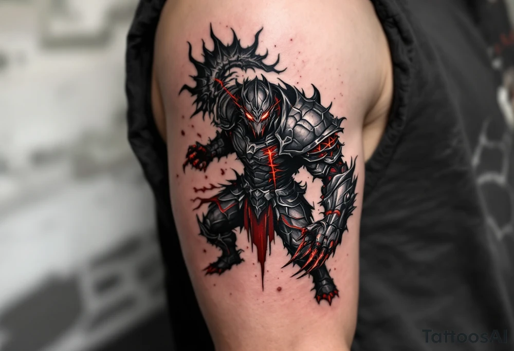 Battle Stafford – A mythic warrior-style Stafford with armor plating, glowing scarlet scars, and a fierce stance – in black, gunmetal gray, and blood red. tattoo idea
