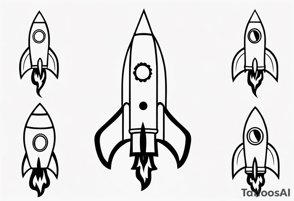 Super simple cartoon rocket ship with a round window, 3 fins, and fire coming out the bottom tattoo idea