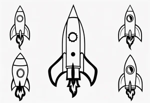 Super simple cartoon rocket ship with a round window, 3 fins, and fire coming out the bottom tattoo idea