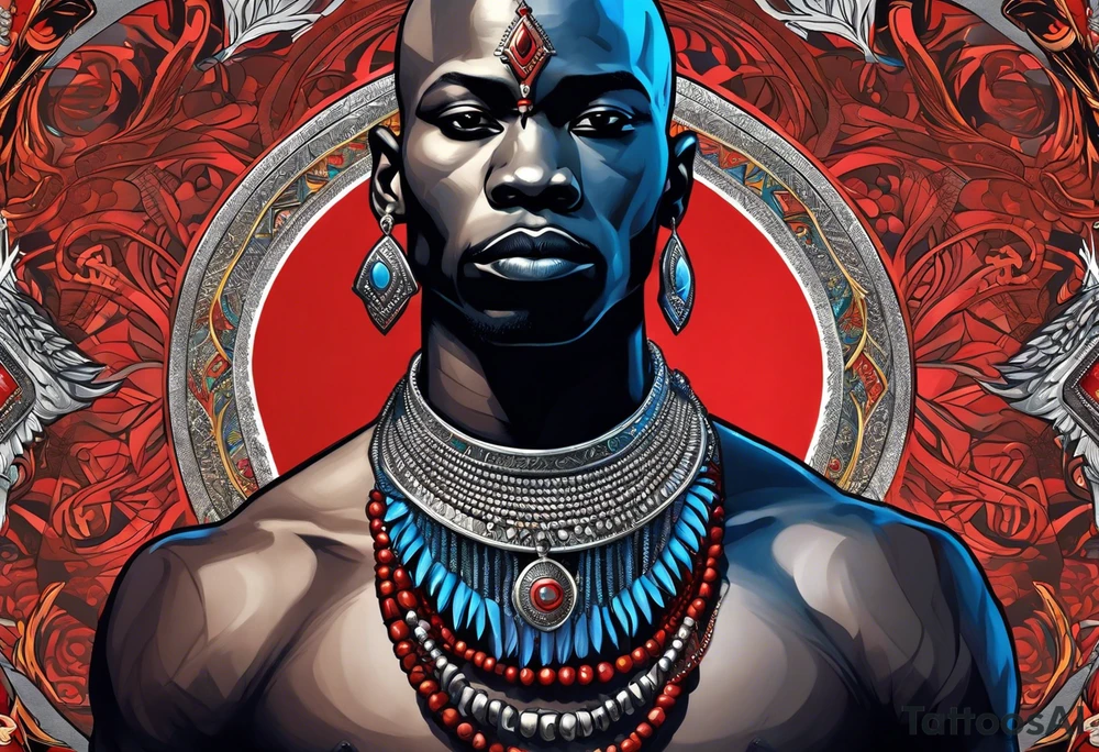 Black-skinned bald african warrior. He wears a simple and small silver crown. He uses blue and red necklaces tattoo idea