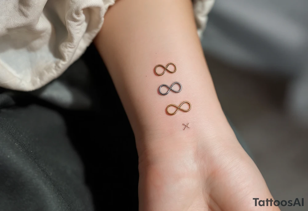 Three different infinity symbols in gold, silver, and bronz tattoo idea