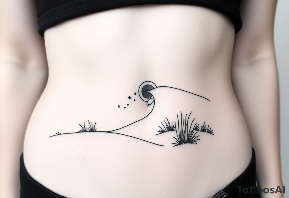 Landscape of sand dune and peasible sea (like in the north of France) in a minimalist style. We have to see the sea in the background tattoo idea