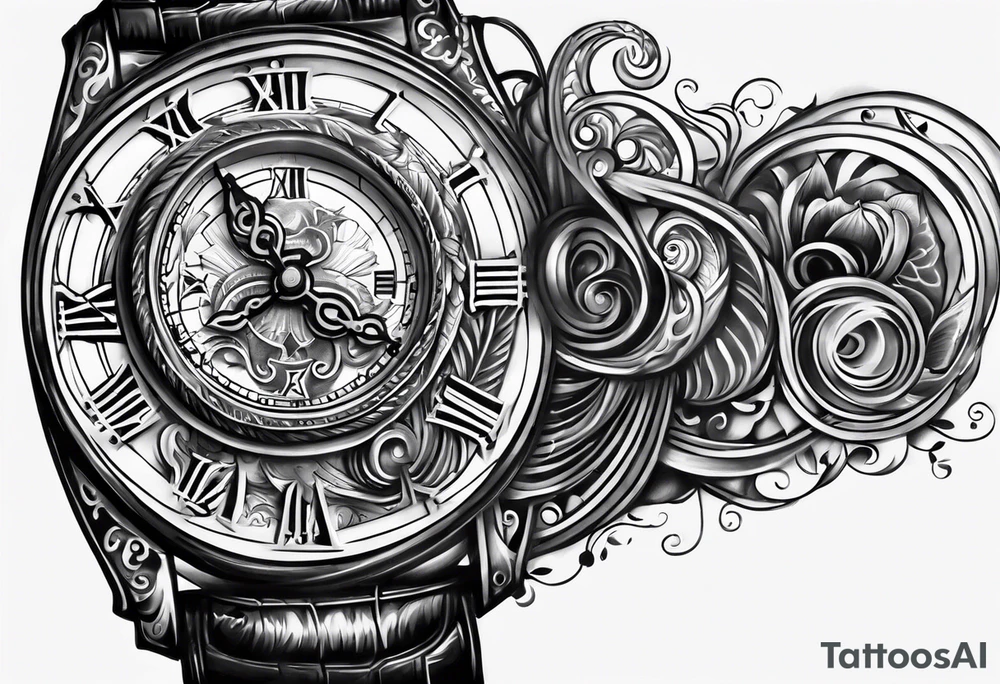 hand holding a clock that says God’s Timing tattoo idea