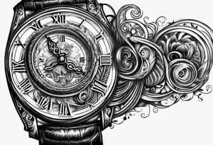 hand holding a clock that says God’s Timing tattoo idea