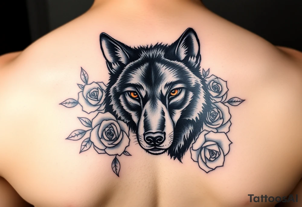 All black wolf with orange eyes surrounded by blue roses tattoo idea