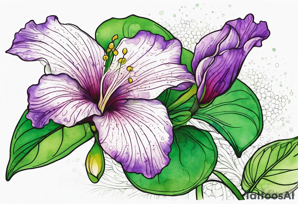 An outline of a rio dipladenia flower with green pedals and a purple watercolor splash in the background tattoo idea