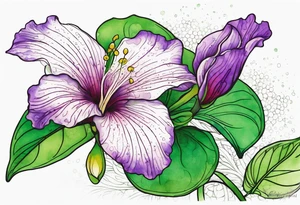 An outline of a rio dipladenia flower with green pedals and a purple watercolor splash in the background tattoo idea