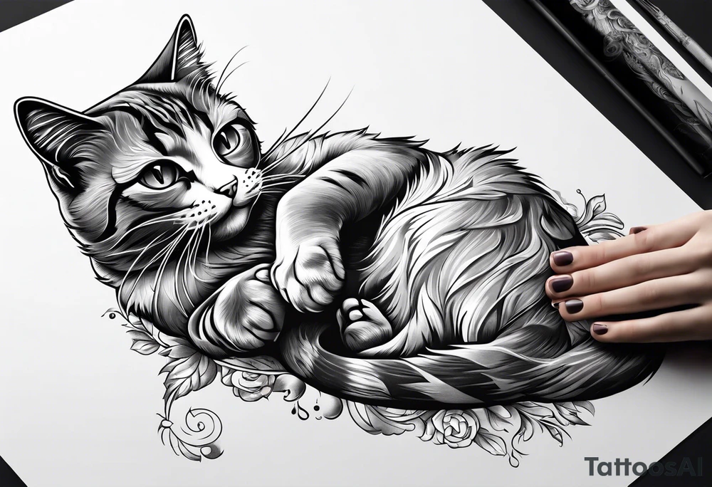 A cat extends its paw to the beast looking at it tattoo idea
