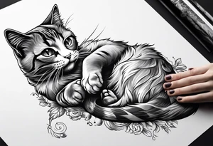 A cat extends its paw to the beast looking at it tattoo idea