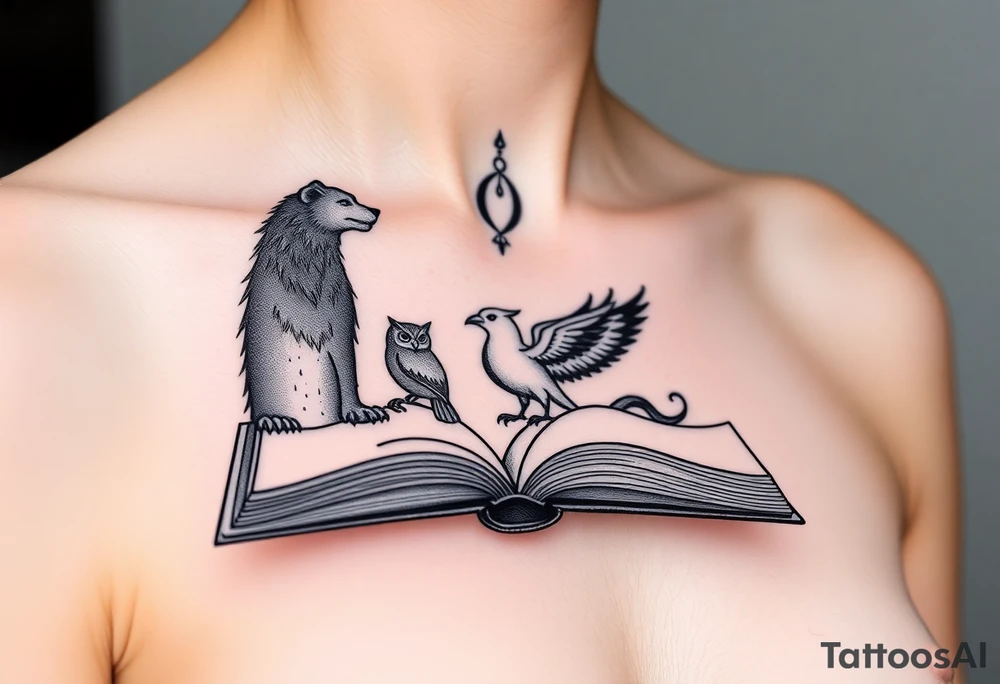 An open book with black silhouettes of a werewolf, owl, dragon & phoenix above it tattoo idea