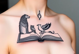 An open book with black silhouettes of a werewolf, owl, dragon & phoenix above it tattoo idea