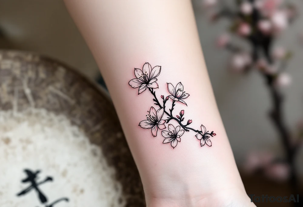 Black and White Linework with Pink Accents – Fine black ink outlines of cherry blossoms, filled selectively with pastel pinks for a modern, minimalist look. tattoo idea