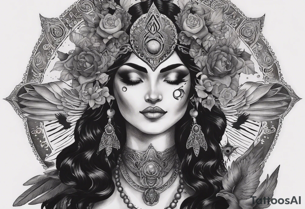 black kali, goddess pirate, alien, angel, pachamama, valkrye, warrior, flying, skull, lotus azul, wing, eagle, zenza resonance, stars, 5D, anahata chakra, death, durga, riding on a tiger, flying lady, chest tatoo tattoo idea