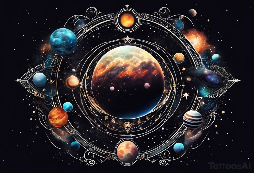 A tattoo featuring a cosmic scene with planets, black holes, and supernovae intertwined with intricate linguistic symbols, reflecting the client's interests in cosmology and linguistics. tattoo idea