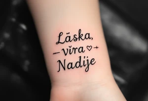 Bold typewriter-style "Láska, Víra, Naděje" in deep charcoal, with a faint heart, cross, and anchor drawn behind each word. tattoo idea