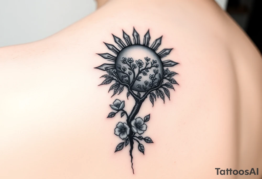 sun 
 surrounding by clouds, tree blooming with flowers on the shoulder tattoo idea