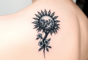 sun 
 surrounding by clouds, tree blooming with flowers on the shoulder tattoo idea