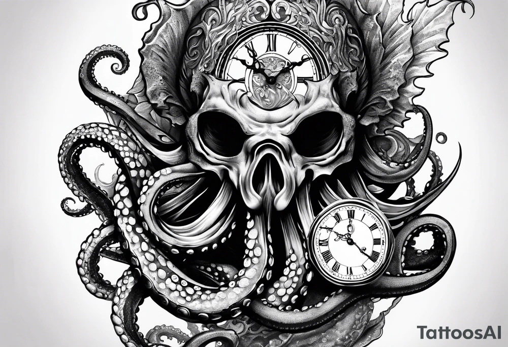 to be drawn in the arm, pocket watch wrapped under an aggressive octopus in side view tattoo idea