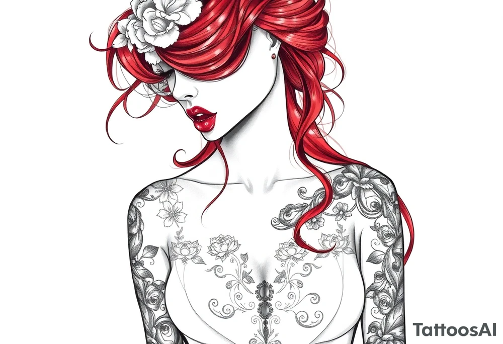 Woman with long red hair and red lipstick with lots of tattoos in her wedding dress tattoo idea