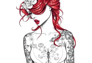 Woman with long red hair and red lipstick with lots of tattoos in her wedding dress tattoo idea
