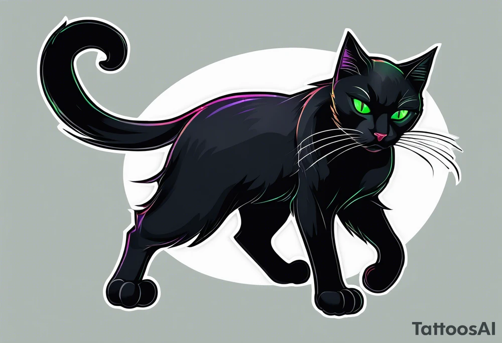 Black cat with green eyes hissing with its tail wrapped around the hilt of a sword tattoo idea