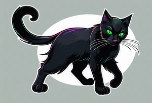 Black cat with green eyes hissing with its tail wrapped around the hilt of a sword tattoo idea