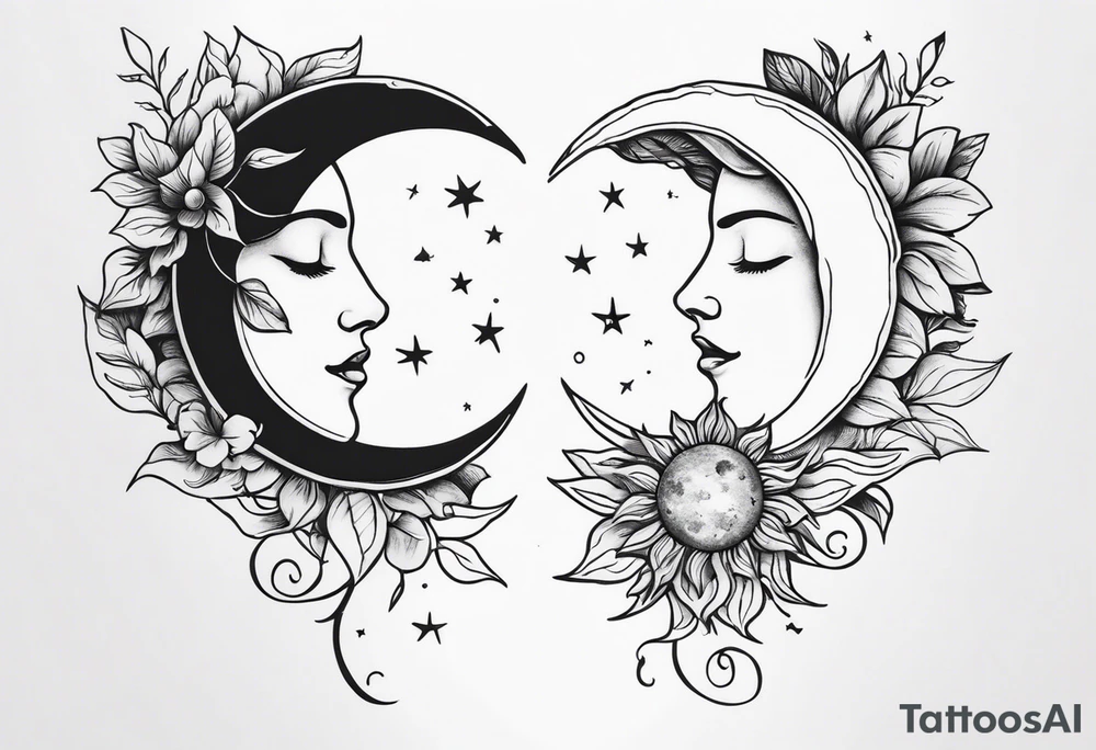 Matching friend tattoos, moon and sun, floral, vines, small tattoo idea
