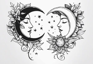 Matching friend tattoos, moon and sun, floral, vines, small tattoo idea
