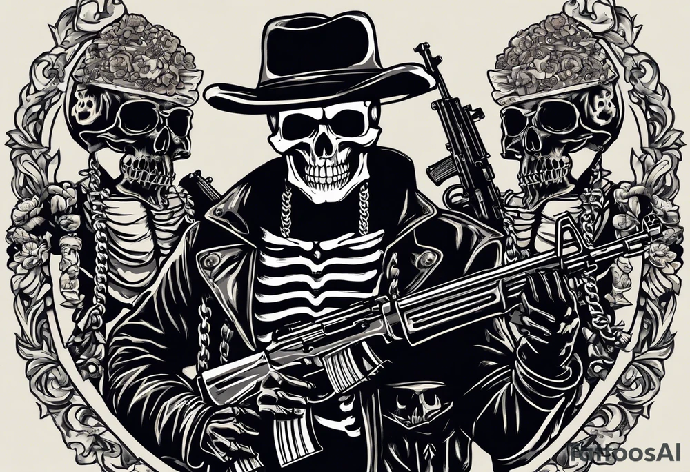 image of a skeleton standing frontally with a crown on his head, holding an AK-47 on his shoulder with his right hand. The chain on the left should be taut, there are three angry barking Dobermans in it, near the waist tattoo idea