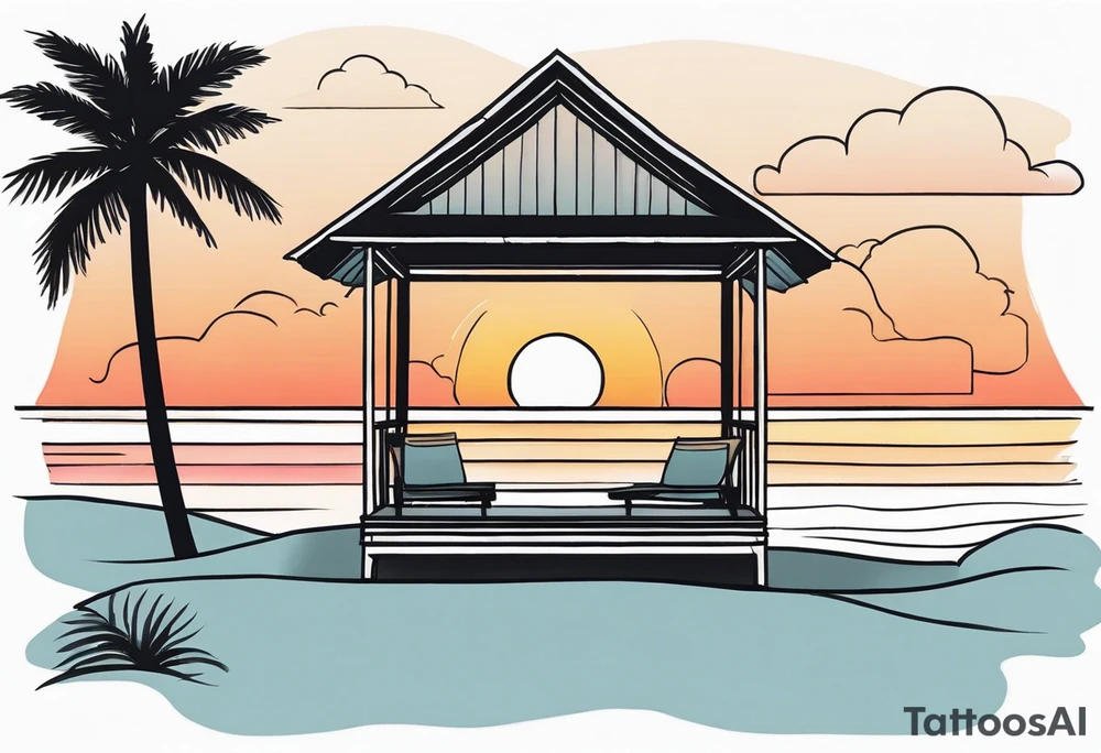 negative space linework cabana on a beach at sunset tattoo idea