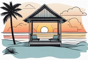 negative space linework cabana on a beach at sunset tattoo idea