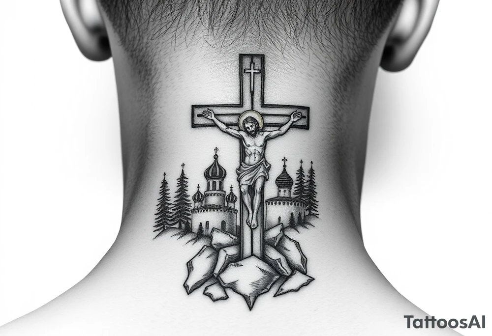 Traditional orthodox ICXC Christian cross with Jesus Christ on the cross also with the foot rest part of the cross in a Russian wilderness Kremlin setting tattoo idea
