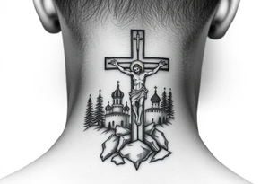 Traditional orthodox ICXC Christian cross with Jesus Christ on the cross also with the foot rest part of the cross in a Russian wilderness Kremlin setting tattoo idea