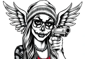 Chicana beautiful long hair clown makeup angel wings thug beanie eyeglasses pointing a gun tattoo idea