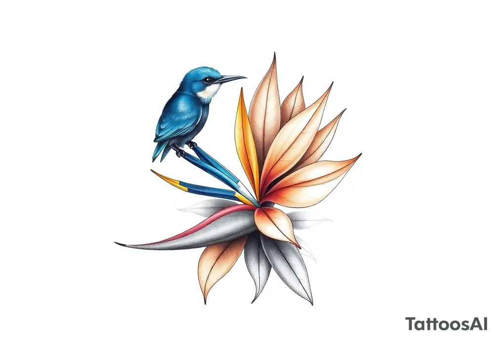 Bird of paradise flower with blue bird tattoo idea