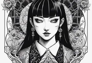 Une image style tattoo du personnage Tomie de Junji ito avec des détails lié a son univers sur les cotés comme des spira tattoo idea