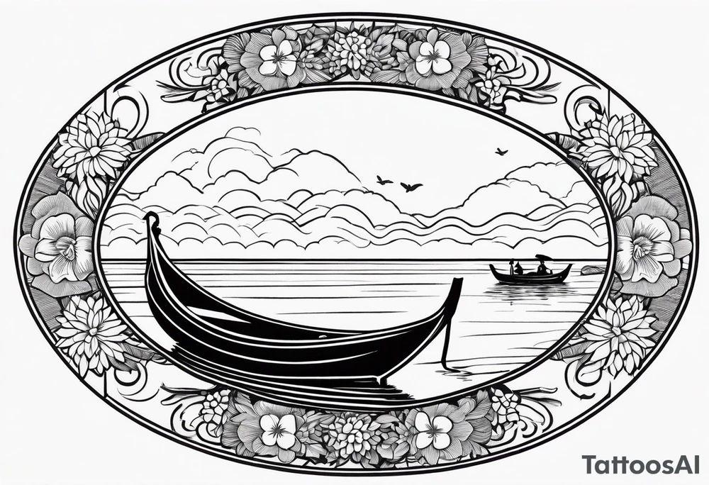 Create an oval-shaped frame inside the oval. At the center of the oval, place a traditional Thai long-tail boat decorated with flowers at its bow, as is customary. The boat should be floating on open water with gentle waves, and beneath the boat, under the water swimming turtle upside tattoo idea