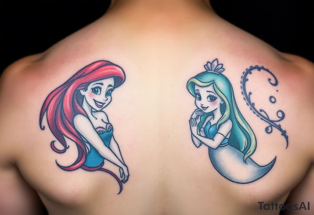 Ariel and Bell from beaty and the beast standing next to each other, smilling tattoo idea