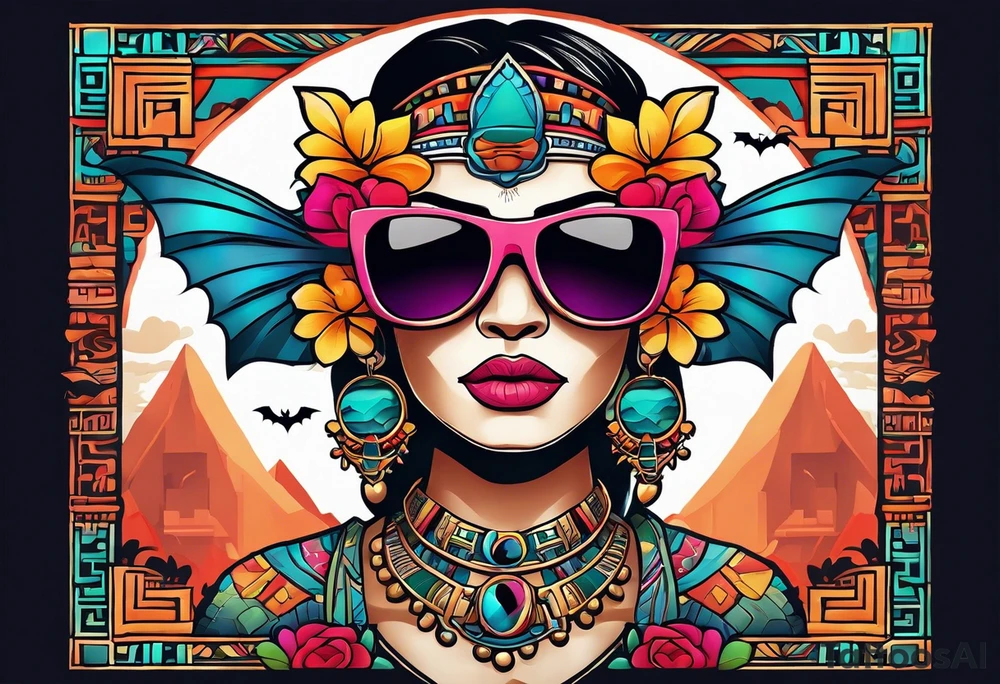 Colorful Mayan hieroglyph wearing sunglasses with bats and water tattoo idea