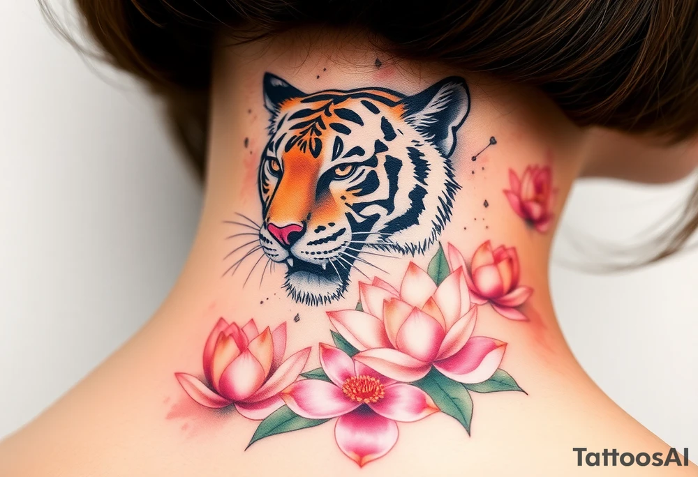 fierce tiger emerging through blooming lotus flowers in mist tattoo idea
