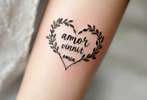 "Amor Vincit Omnia" (Love conquers all) in soft cursive lettering, placed inside a delicate heart made of olive branches, inked in charcoal black with touches of olive green. tattoo idea