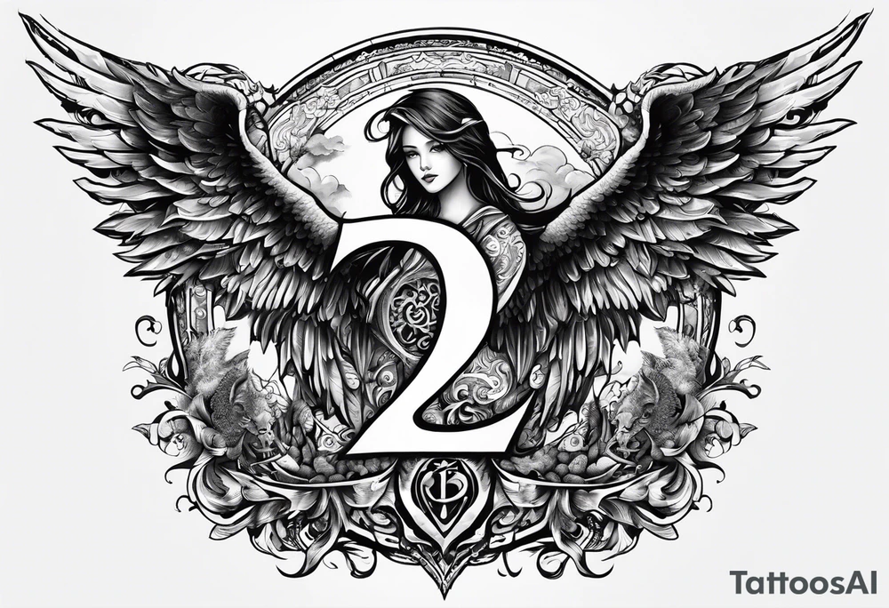 the number 13 with one angel wing and one demon wing, with the karma symbol tattoo idea