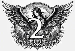 the number 13 with one angel wing and one demon wing, with the karma symbol tattoo idea